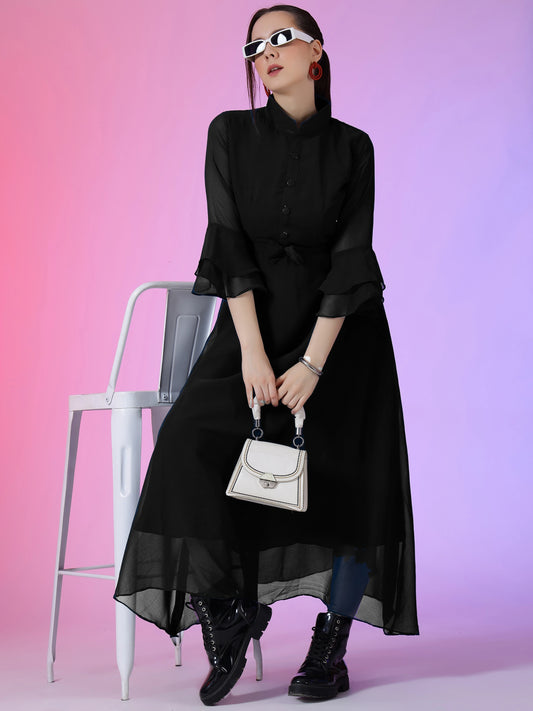 Women's Solid Mandarin Collar Flared Maxi Dress with Sheer Bell Sleeves