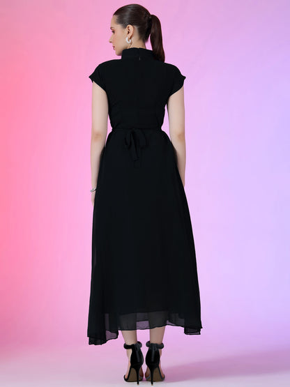 Women's Elegant Mandarin Collar Chiffon Maxi Dress with Waist Bow