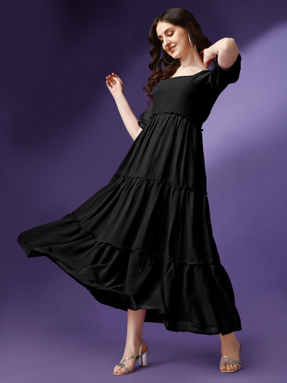 Women's Tiered Square Neck Maxi Dress with Puff Sleeves