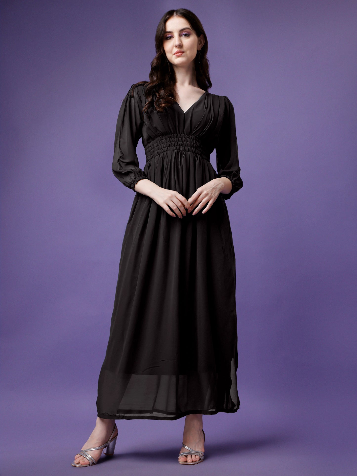 Women's Solid V-Neck Maxi Dress with Smocked Waist & Long Sleeves