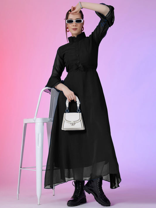 Women's Solid Mandarin Collar Flared Maxi Dress with Sheer Bell Sleeves