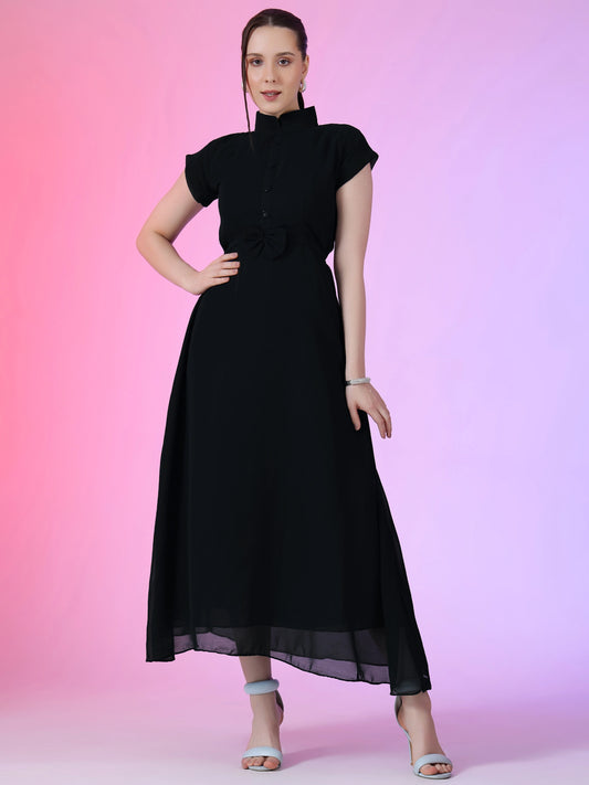 Women's Elegant Mandarin Collar Chiffon Maxi Dress with Waist Bow
