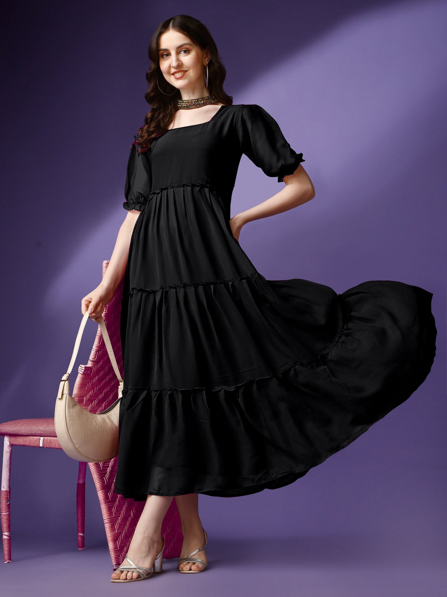 Women's Tiered Square Neck Maxi Dress with Puff Sleeves