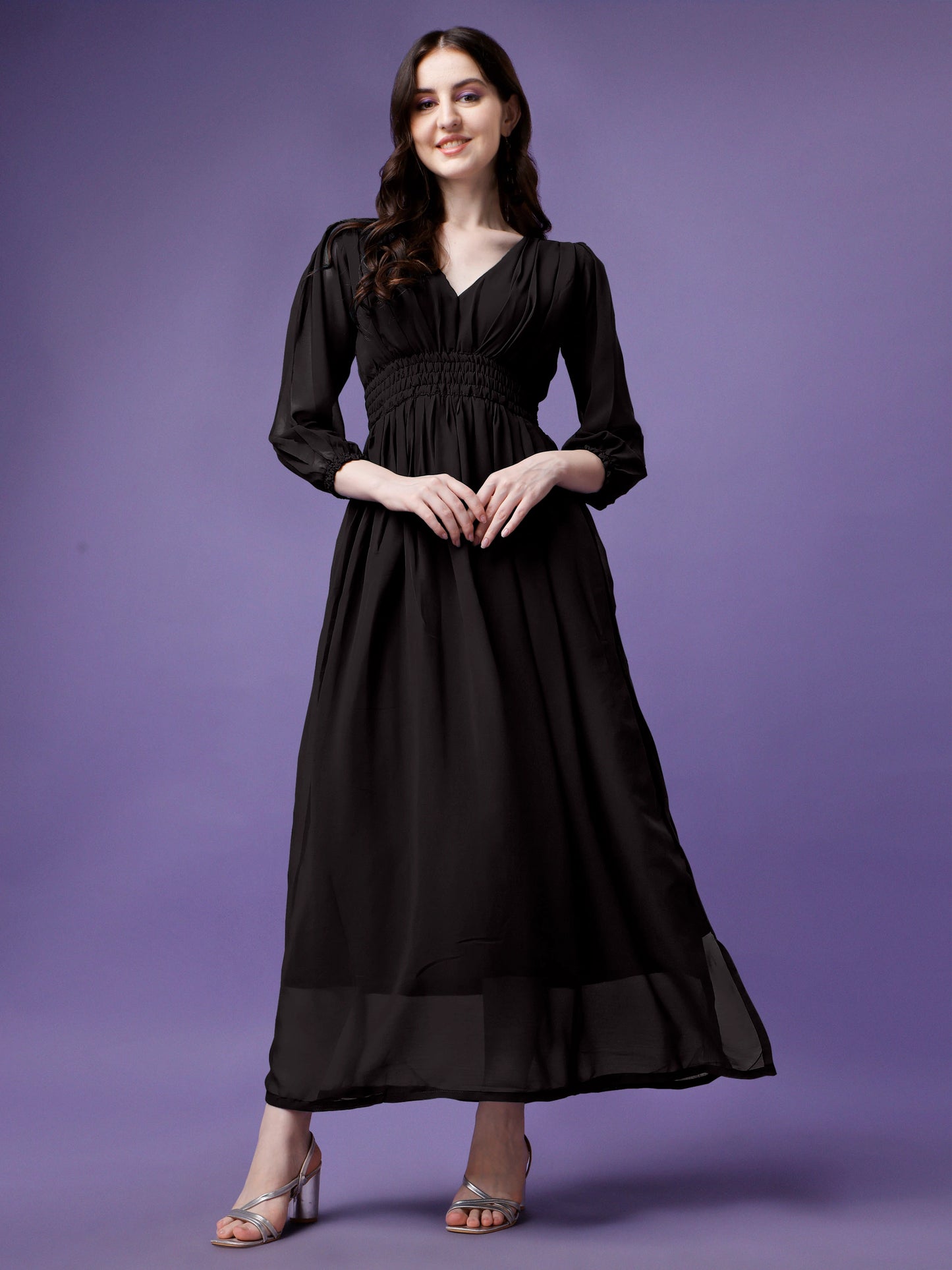 Women's Solid V-Neck Maxi Dress with Smocked Waist & Long Sleeves