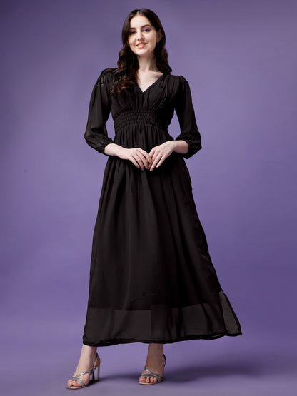 Women's Solid V-Neck Maxi Dress with Smocked Waist & Long Sleeves