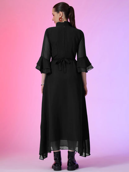 Women's Solid Mandarin Collar Flared Maxi Dress with Sheer Bell Sleeves
