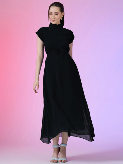 Women's Elegant Mandarin Collar Chiffon Maxi Dress with Waist Bow