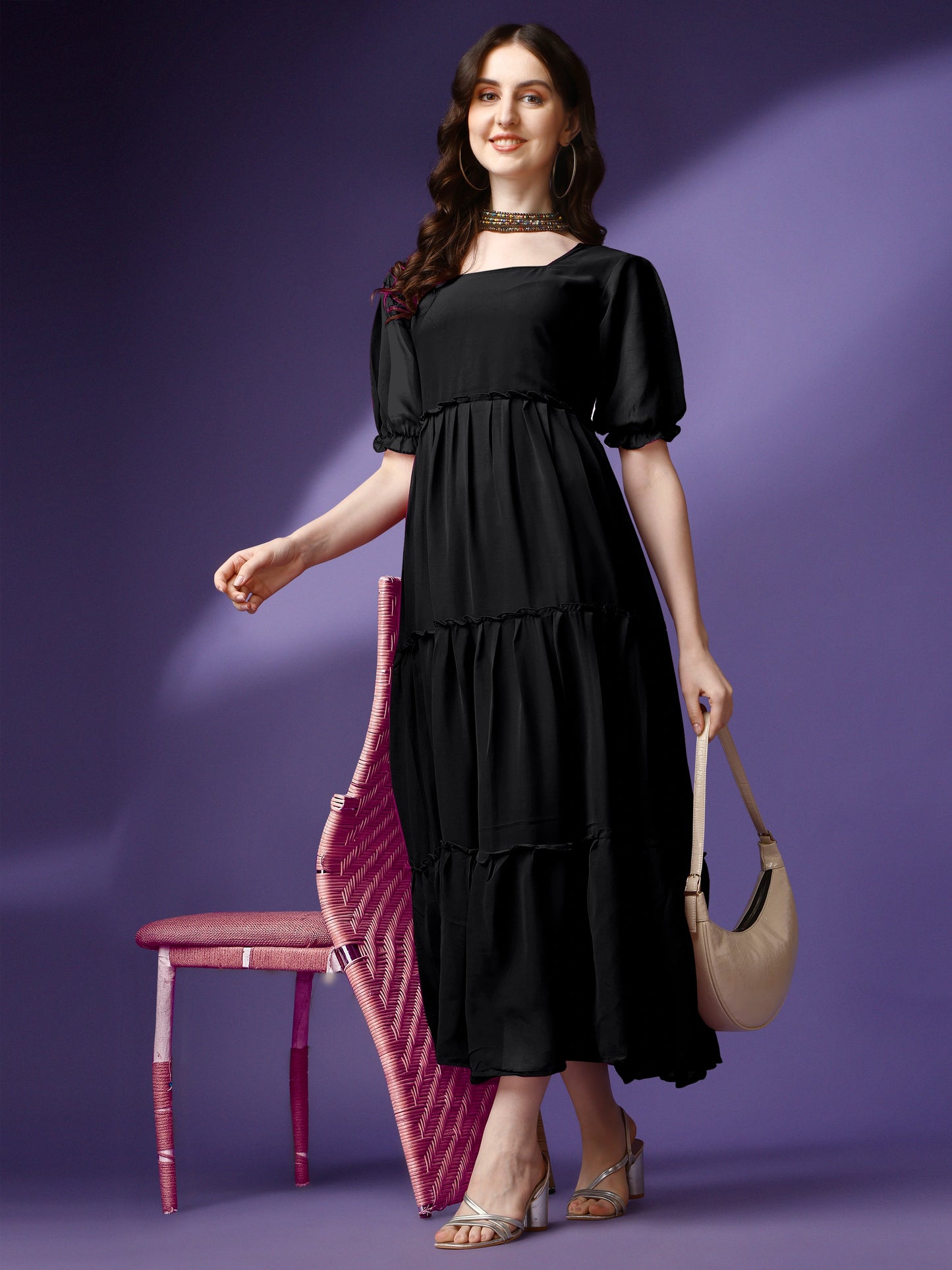 Women's Tiered Square Neck Maxi Dress with Puff Sleeves
