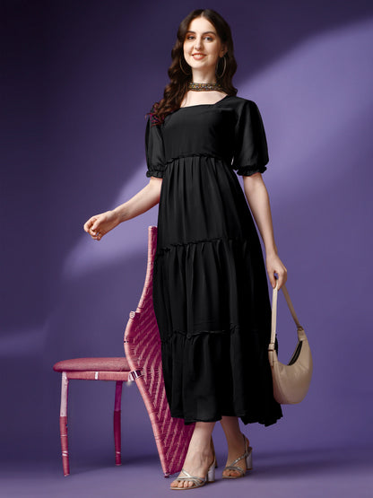 Women's Tiered Square Neck Maxi Dress with Puff Sleeves