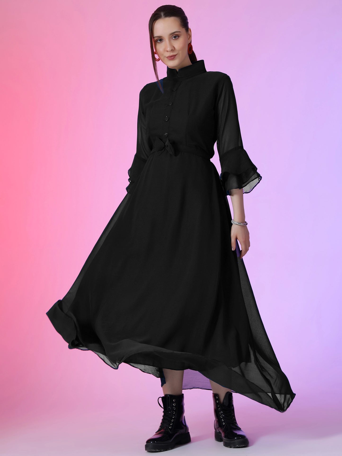 Women's Solid Mandarin Collar Flared Maxi Dress with Sheer Bell Sleeves
