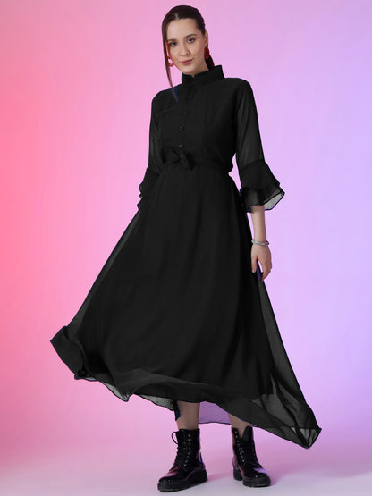 Women's Solid Mandarin Collar Flared Maxi Dress with Sheer Bell Sleeves