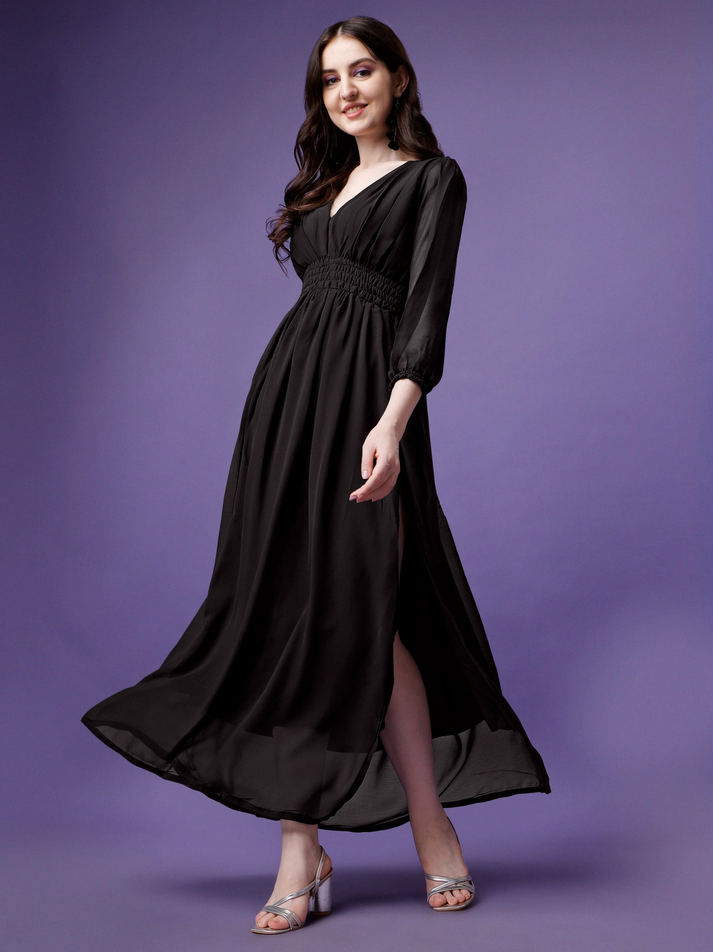 Women's Solid V-Neck Maxi Dress with Smocked Waist & Long Sleeves