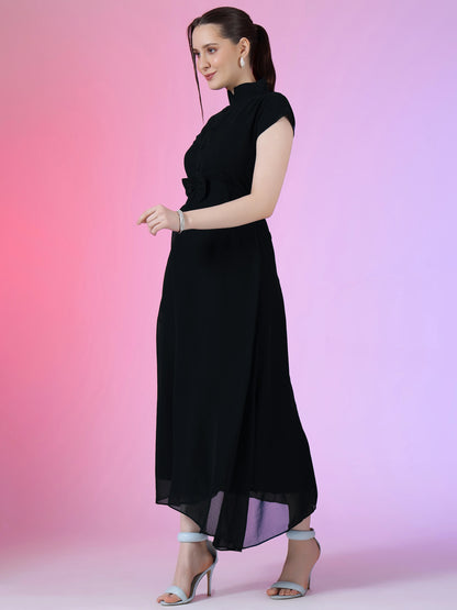 Women's Elegant Mandarin Collar Chiffon Maxi Dress with Waist Bow