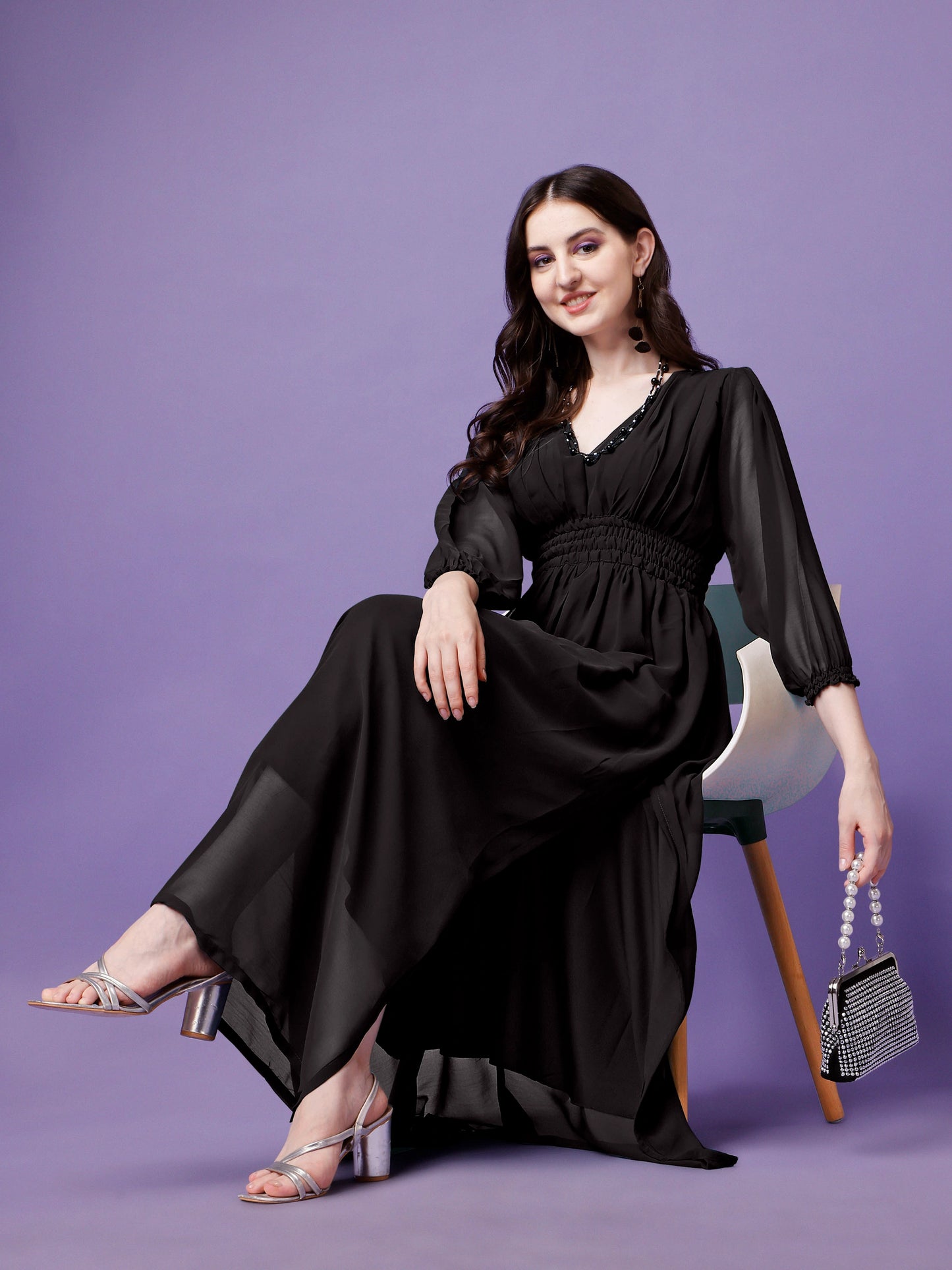 Women's Solid V-Neck Maxi Dress with Smocked Waist & Long Sleeves