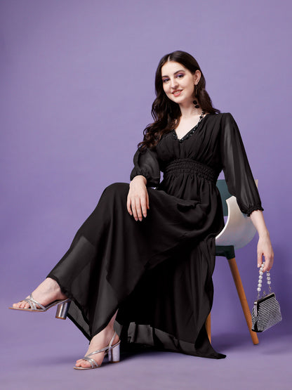 Women's Solid V-Neck Maxi Dress with Smocked Waist & Long Sleeves