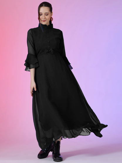 Women's Solid Mandarin Collar Flared Maxi Dress with Sheer Bell Sleeves