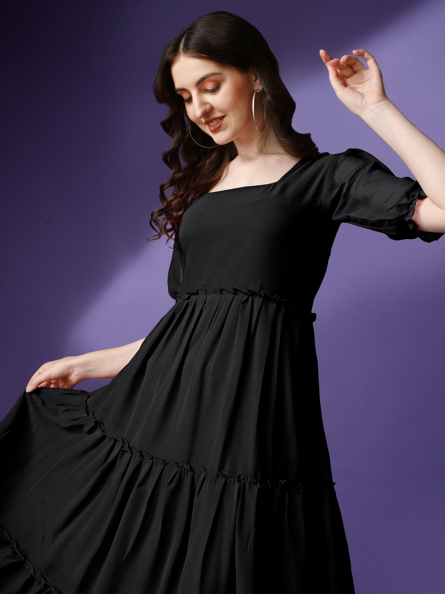 Women's Tiered Square Neck Maxi Dress with Puff Sleeves