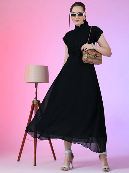 Women's Elegant Mandarin Collar Chiffon Maxi Dress with Waist Bow