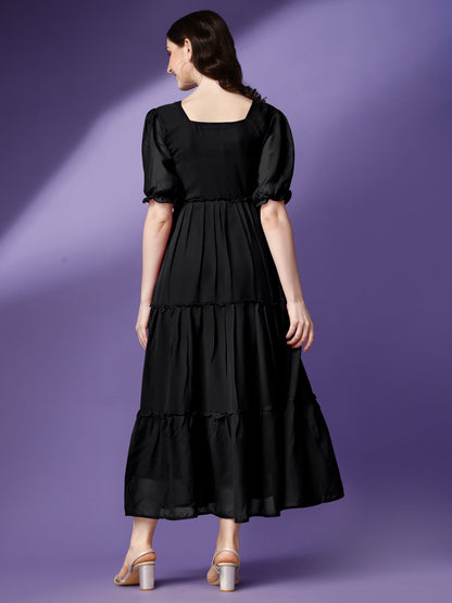 Women's Tiered Square Neck Maxi Dress with Puff Sleeves