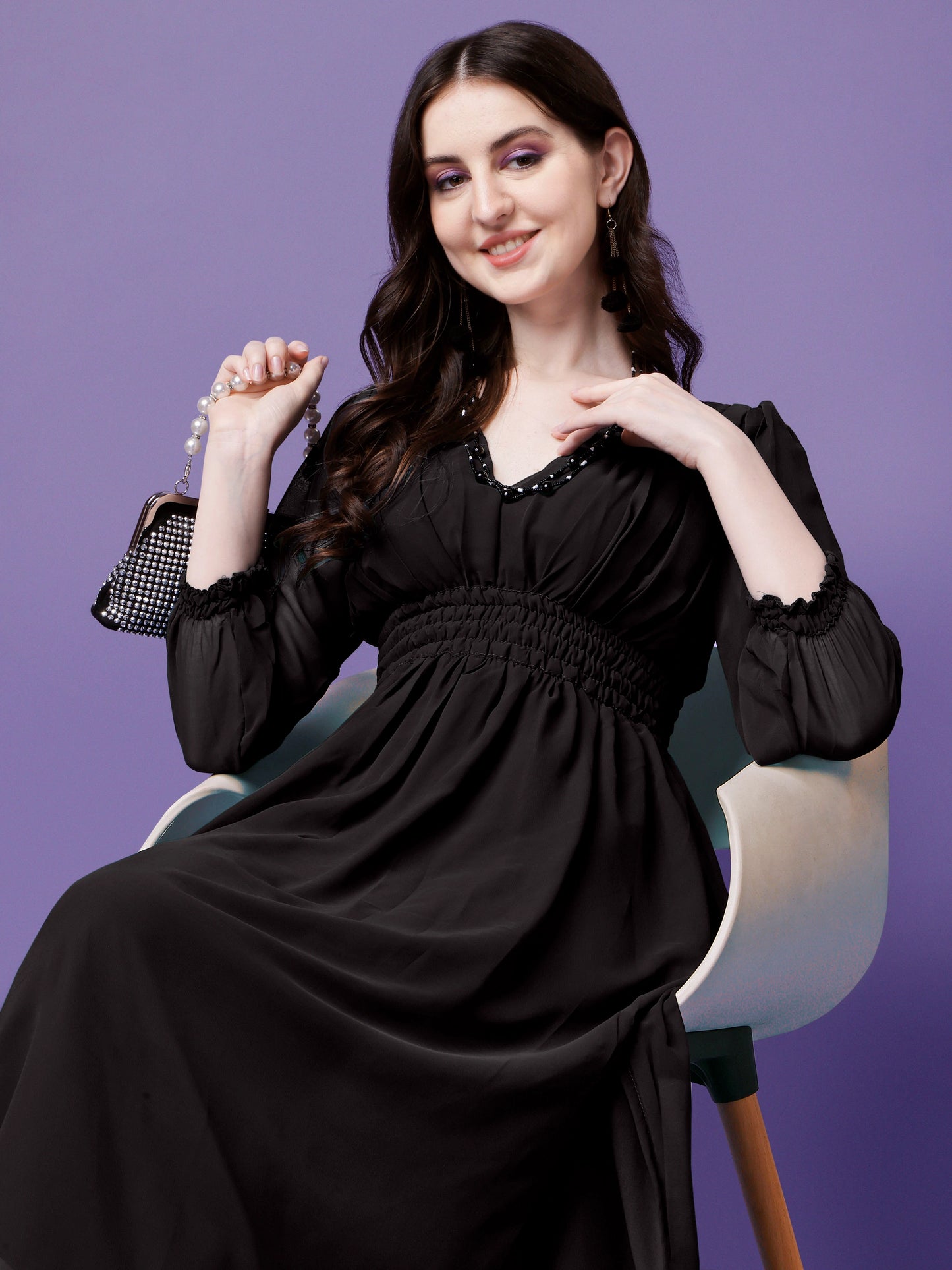 Women's Solid V-Neck Maxi Dress with Smocked Waist & Long Sleeves