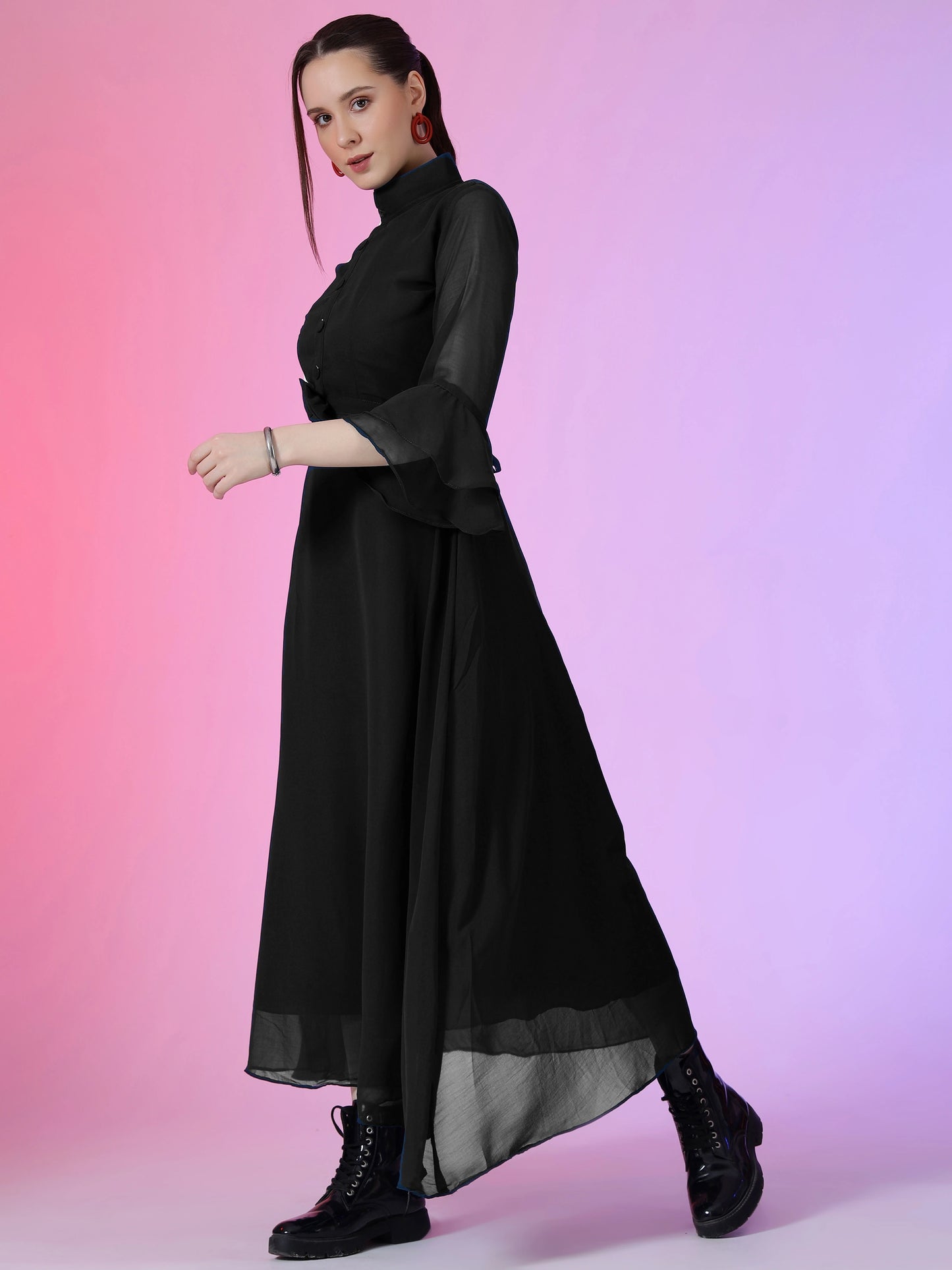 Women's Solid Mandarin Collar Flared Maxi Dress with Sheer Bell Sleeves