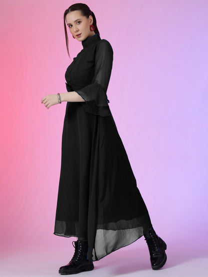 Women's Solid Mandarin Collar Flared Maxi Dress with Sheer Bell Sleeves