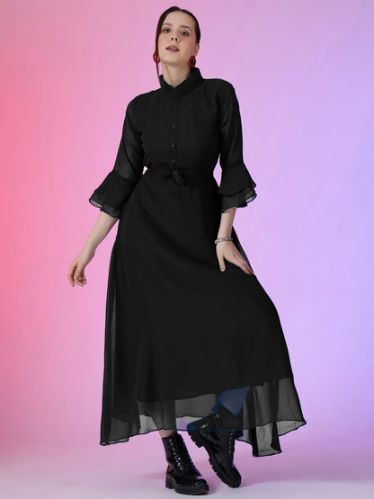 Women's Solid Mandarin Collar Flared Maxi Dress with Sheer Bell Sleeves