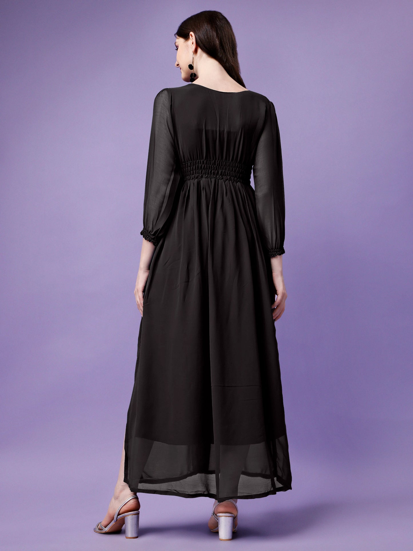 Women's Solid V-Neck Maxi Dress with Smocked Waist & Long Sleeves
