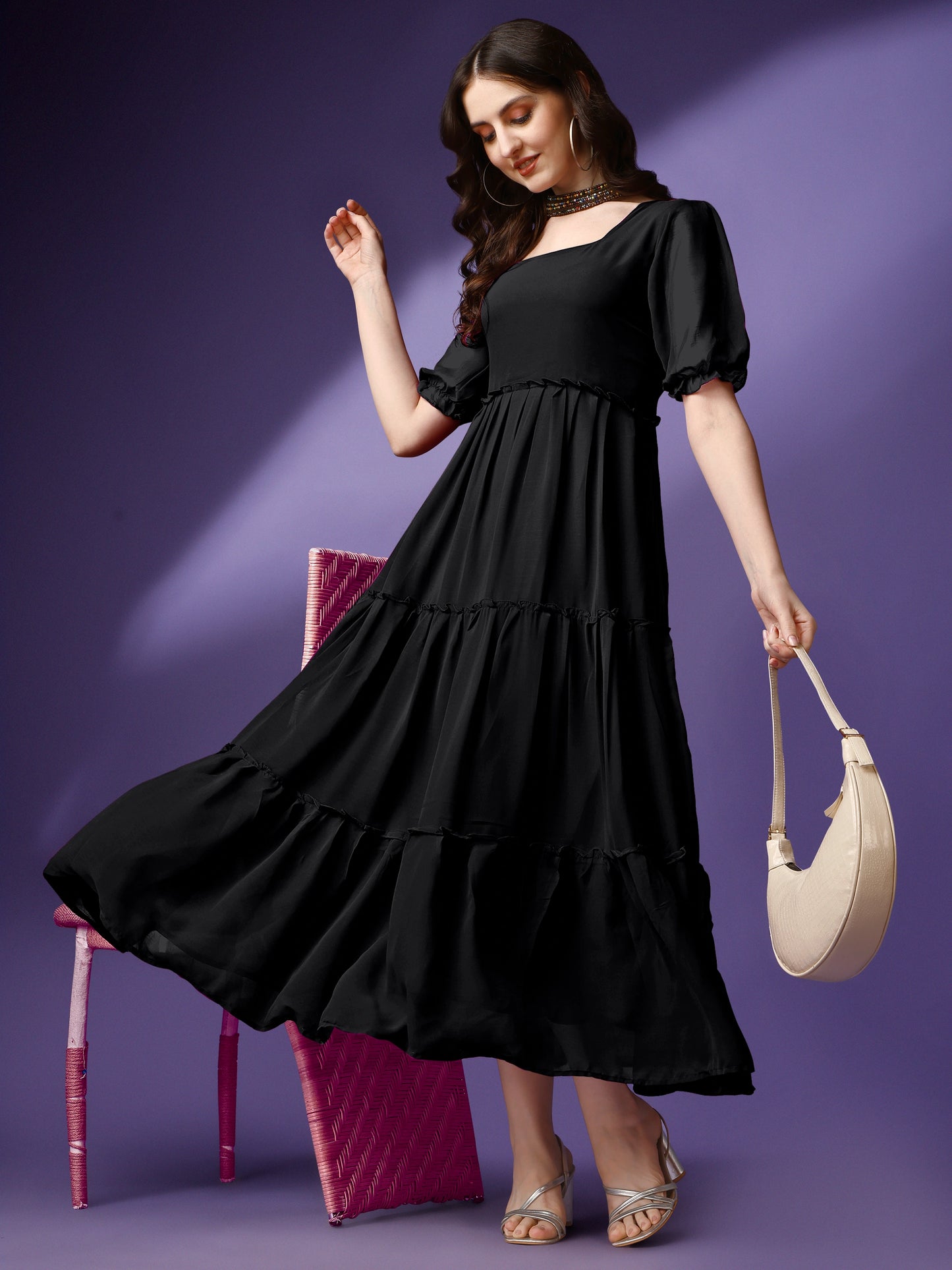 Women's Tiered Square Neck Maxi Dress with Puff Sleeves