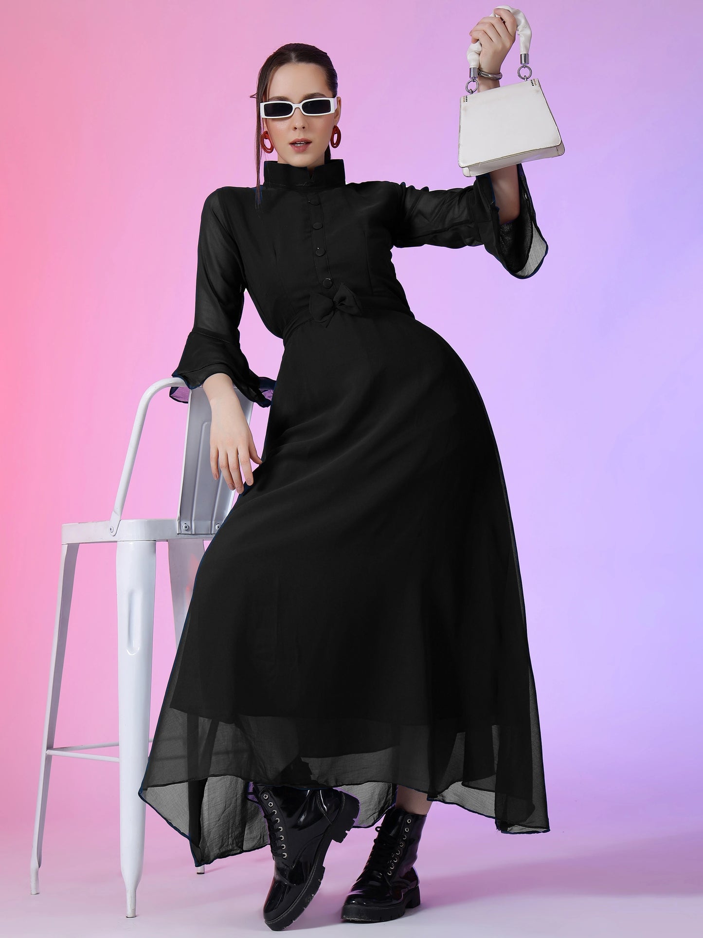 Women's Solid Mandarin Collar Flared Maxi Dress with Sheer Bell Sleeves