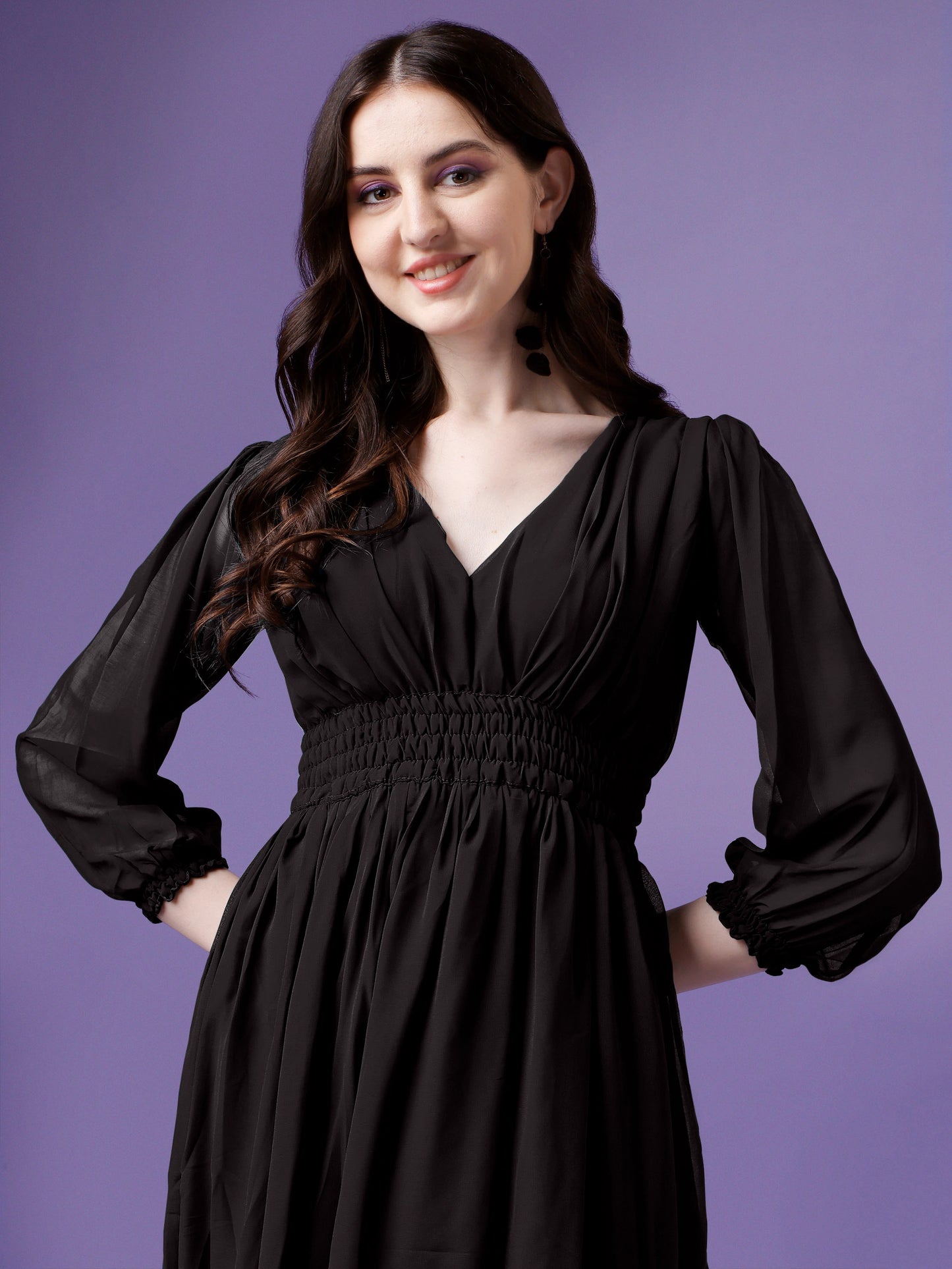 Women's Solid V-Neck Maxi Dress with Smocked Waist & Long Sleeves