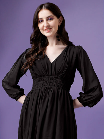 Women's Solid V-Neck Maxi Dress with Smocked Waist & Long Sleeves