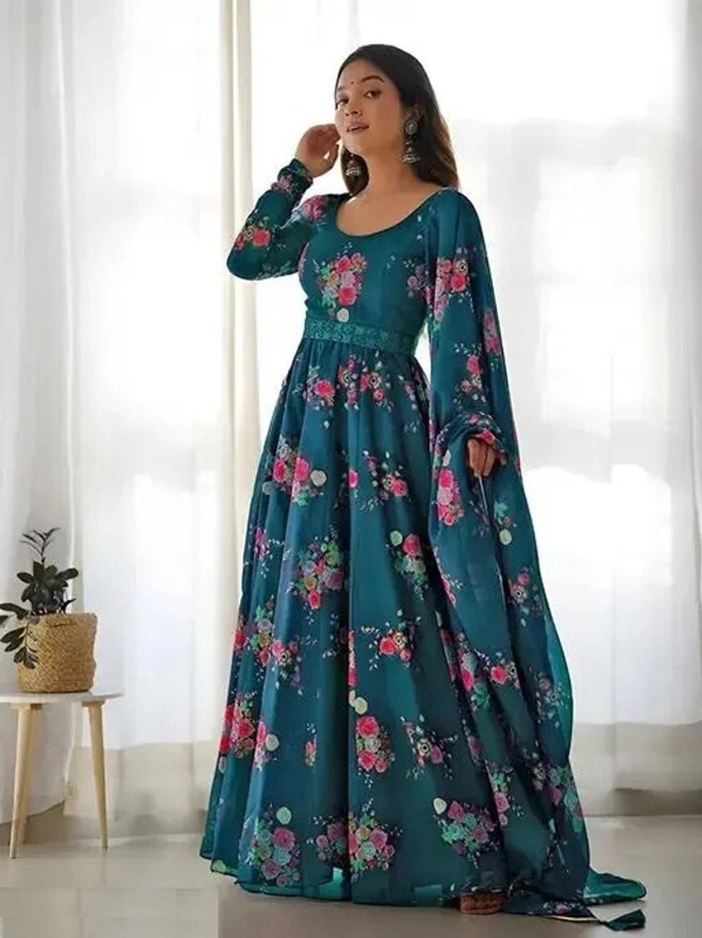 Women's Floral Printed Maxi Dress with Dupatta
