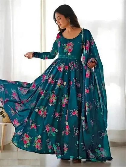 Women's Floral Printed Maxi Dress with Dupatta