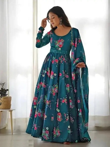 Women's Floral Printed Maxi Dress with Dupatta
