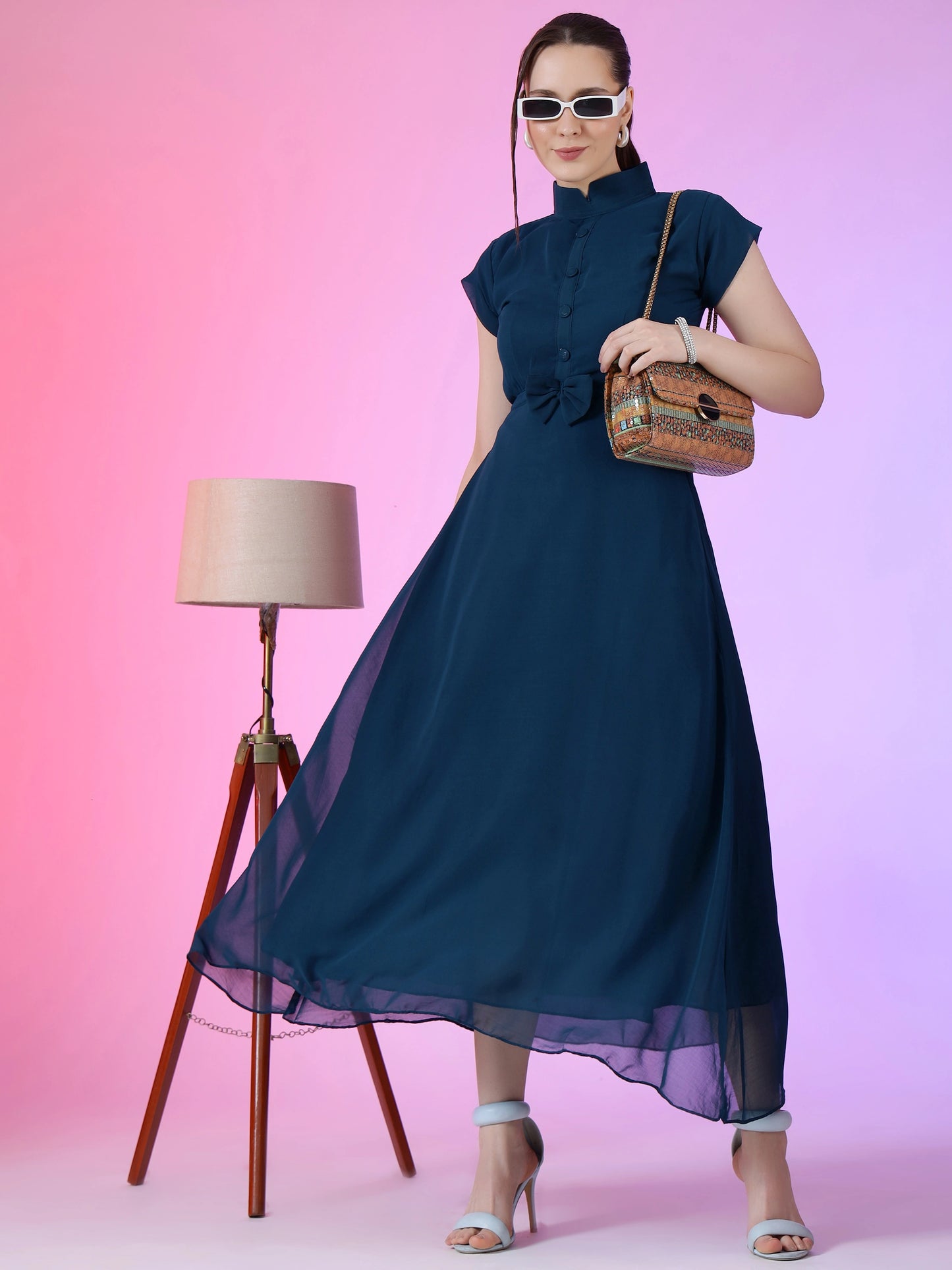 Women's Elegant Mandarin Collar Chiffon Maxi Dress with Waist Bow