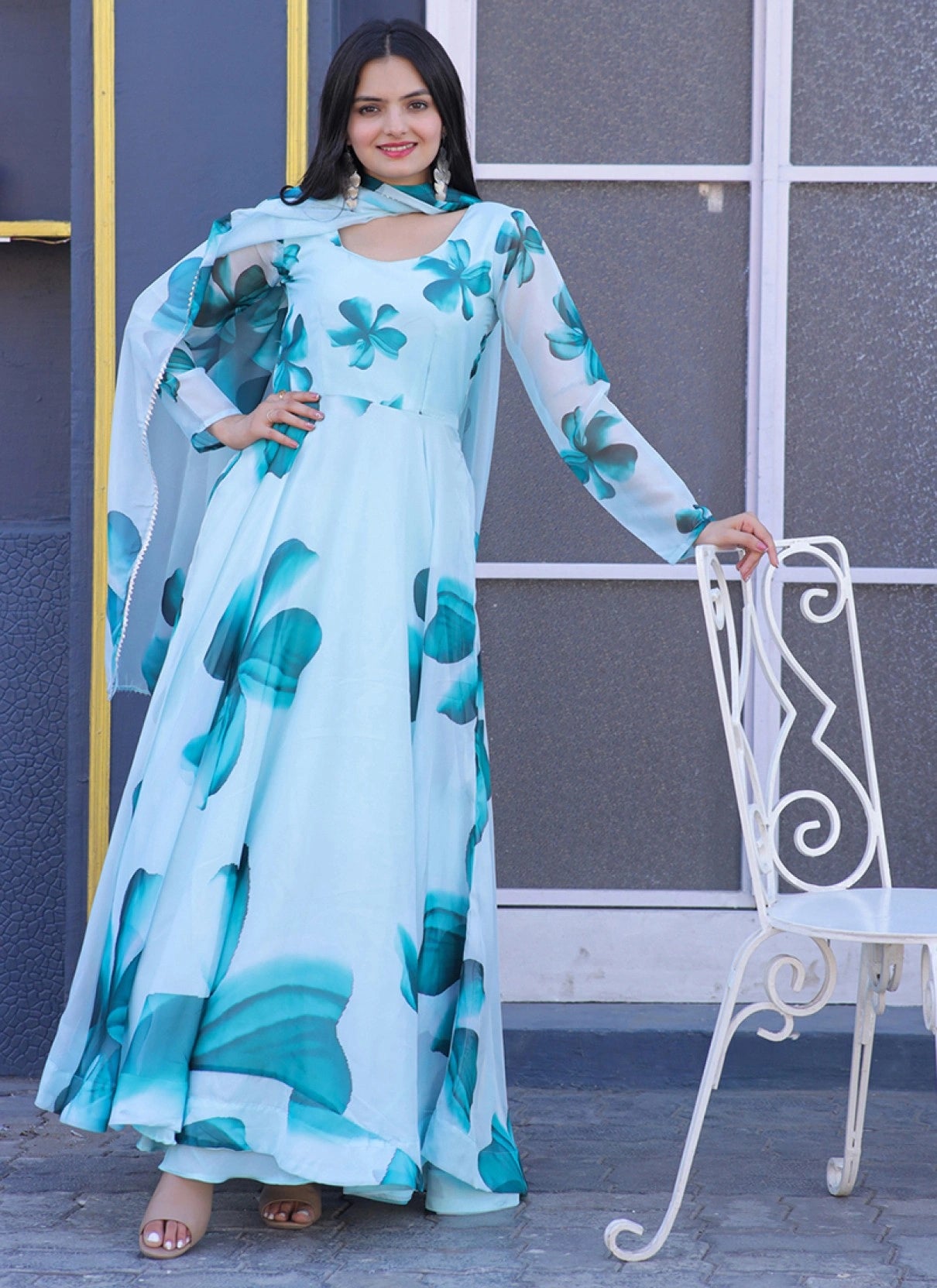 Women's Floral Printed Anarkali Maxi Dress with Dupatta