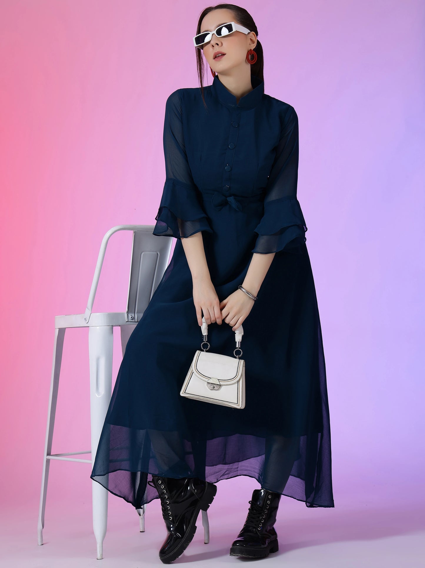 Women's Solid Mandarin Collar Flared Maxi Dress with Sheer Bell Sleeves