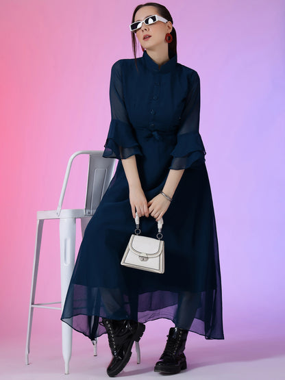 Women's Solid Mandarin Collar Flared Maxi Dress with Sheer Bell Sleeves