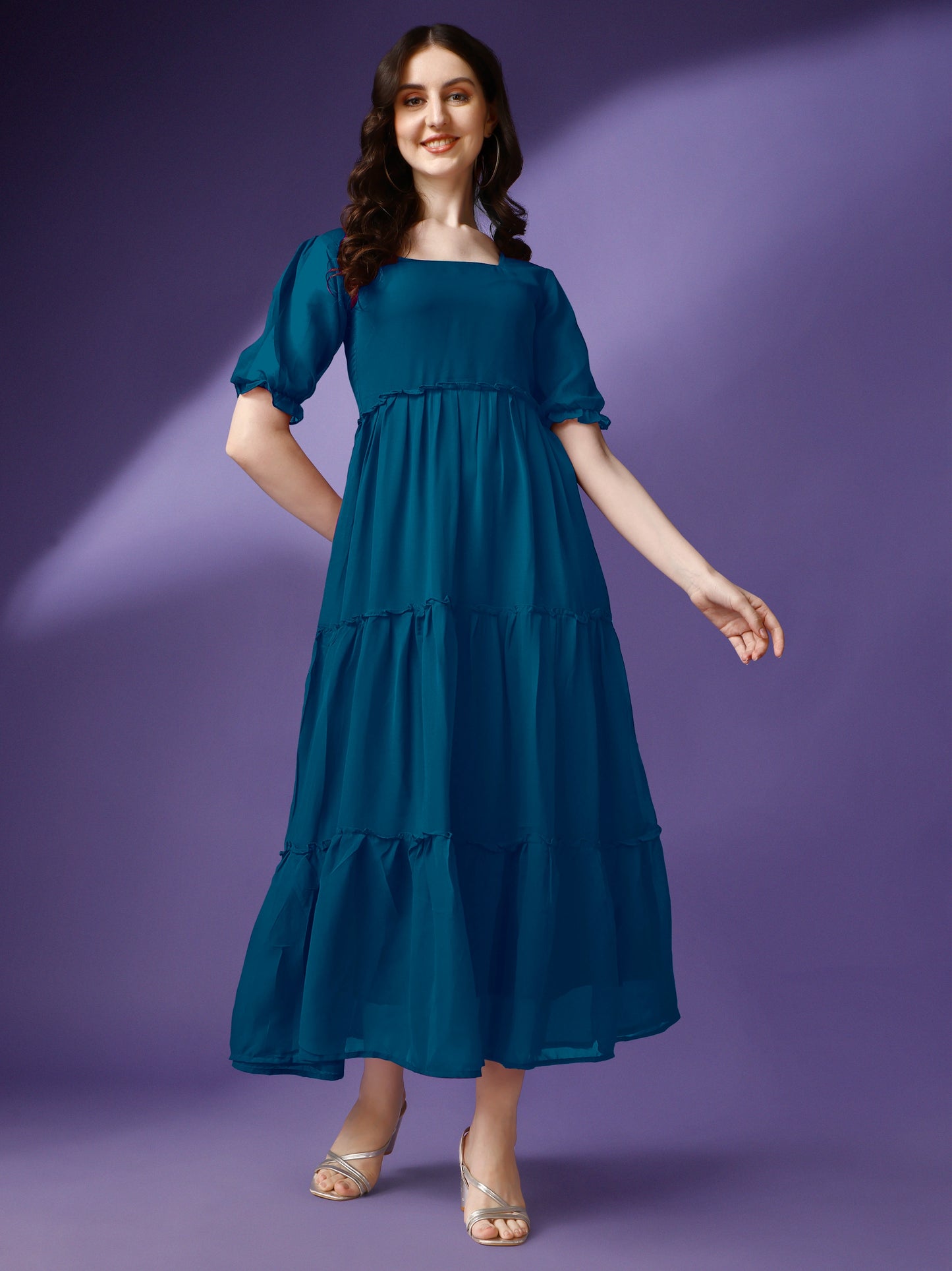 Women's Tiered Square Neck Maxi Dress with Puff Sleeves