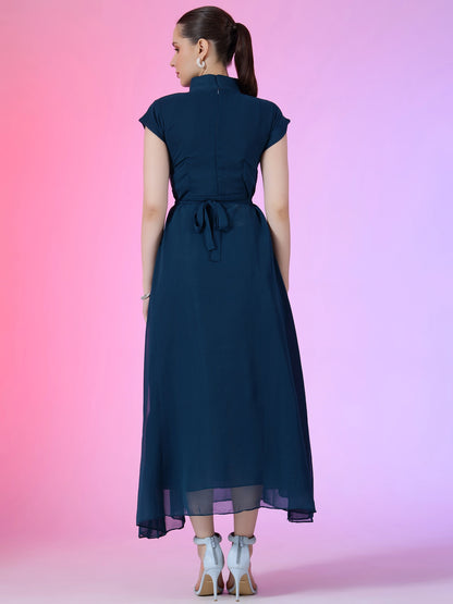 Women's Elegant Mandarin Collar Chiffon Maxi Dress with Waist Bow