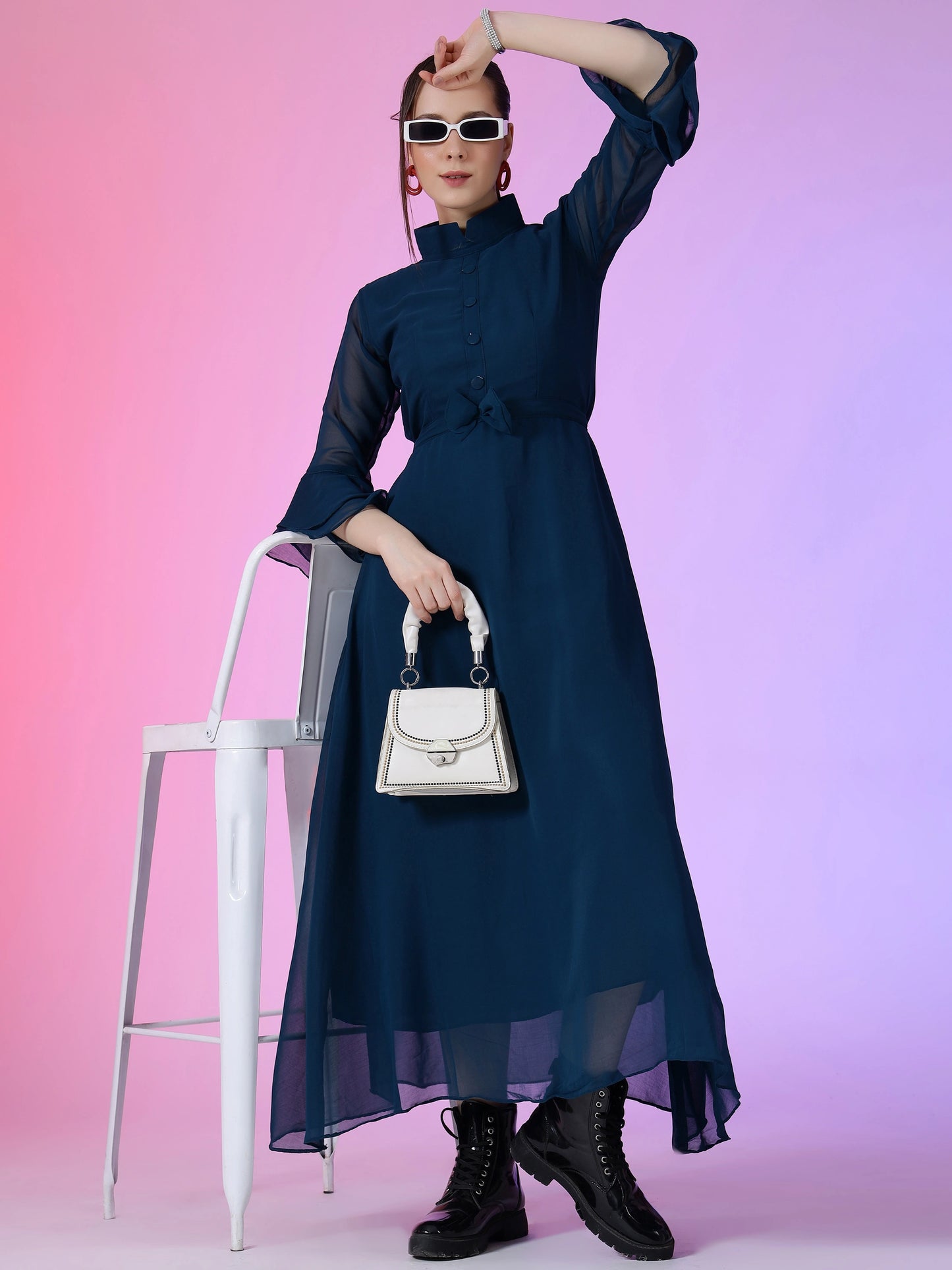 Women's Solid Mandarin Collar Flared Maxi Dress with Sheer Bell Sleeves