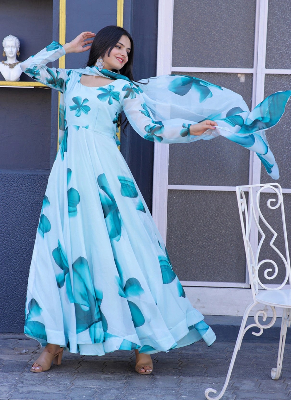 Women's Floral Printed Anarkali Maxi Dress with Dupatta