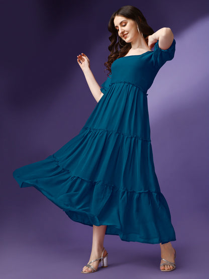 Women's Tiered Square Neck Maxi Dress with Puff Sleeves