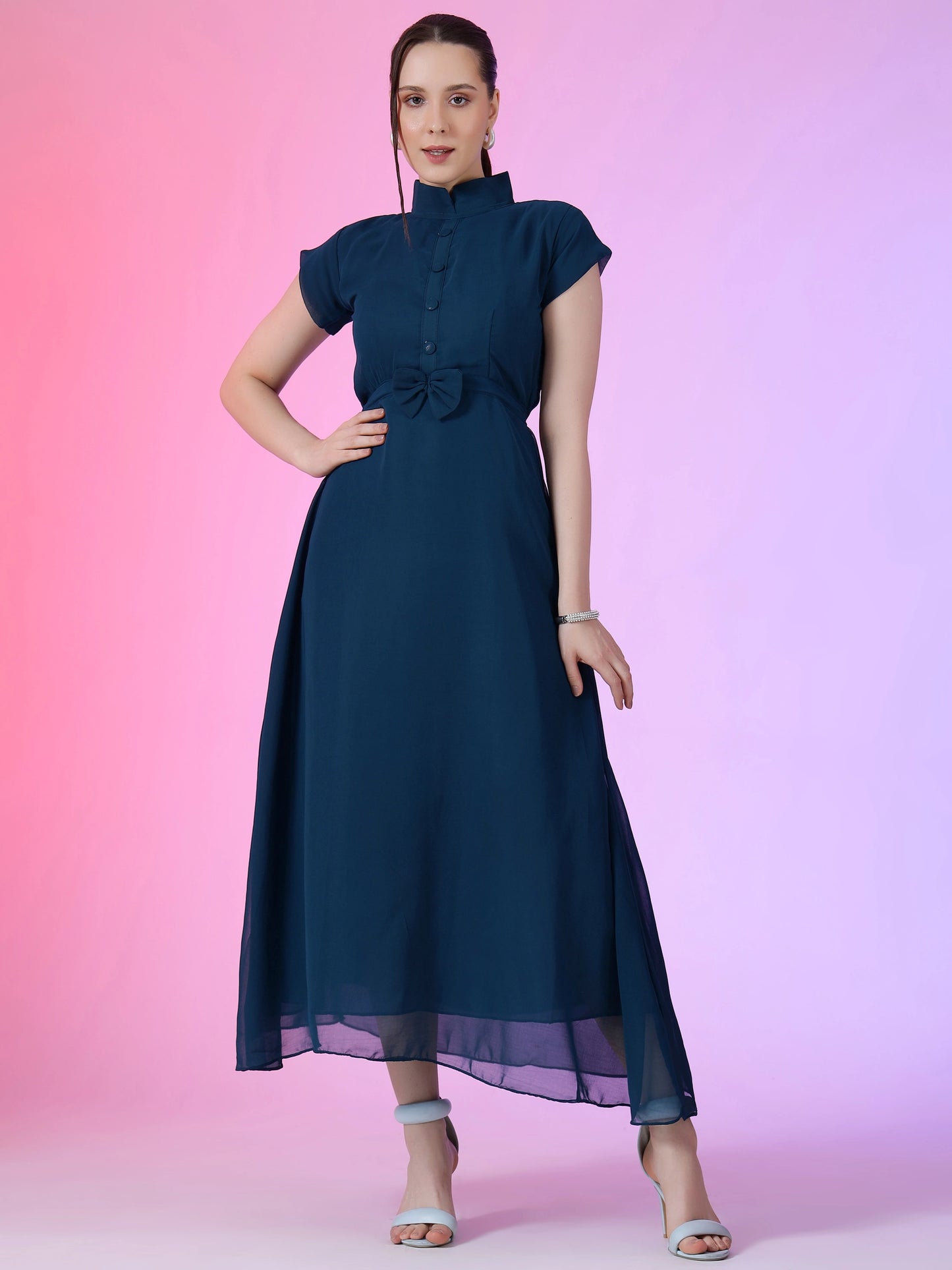 Women's Elegant Mandarin Collar Chiffon Maxi Dress with Waist Bow