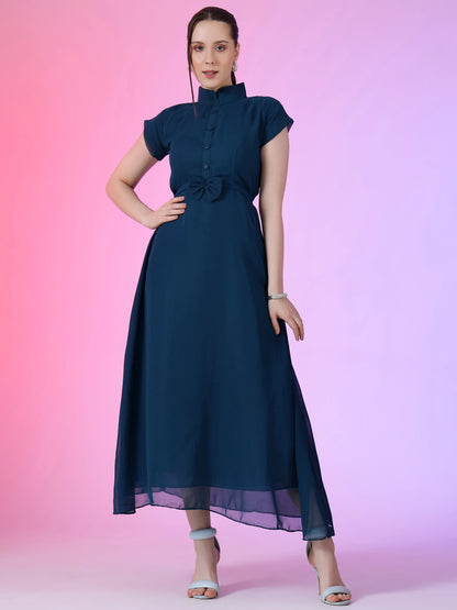 Women's Elegant Mandarin Collar Chiffon Maxi Dress with Waist Bow