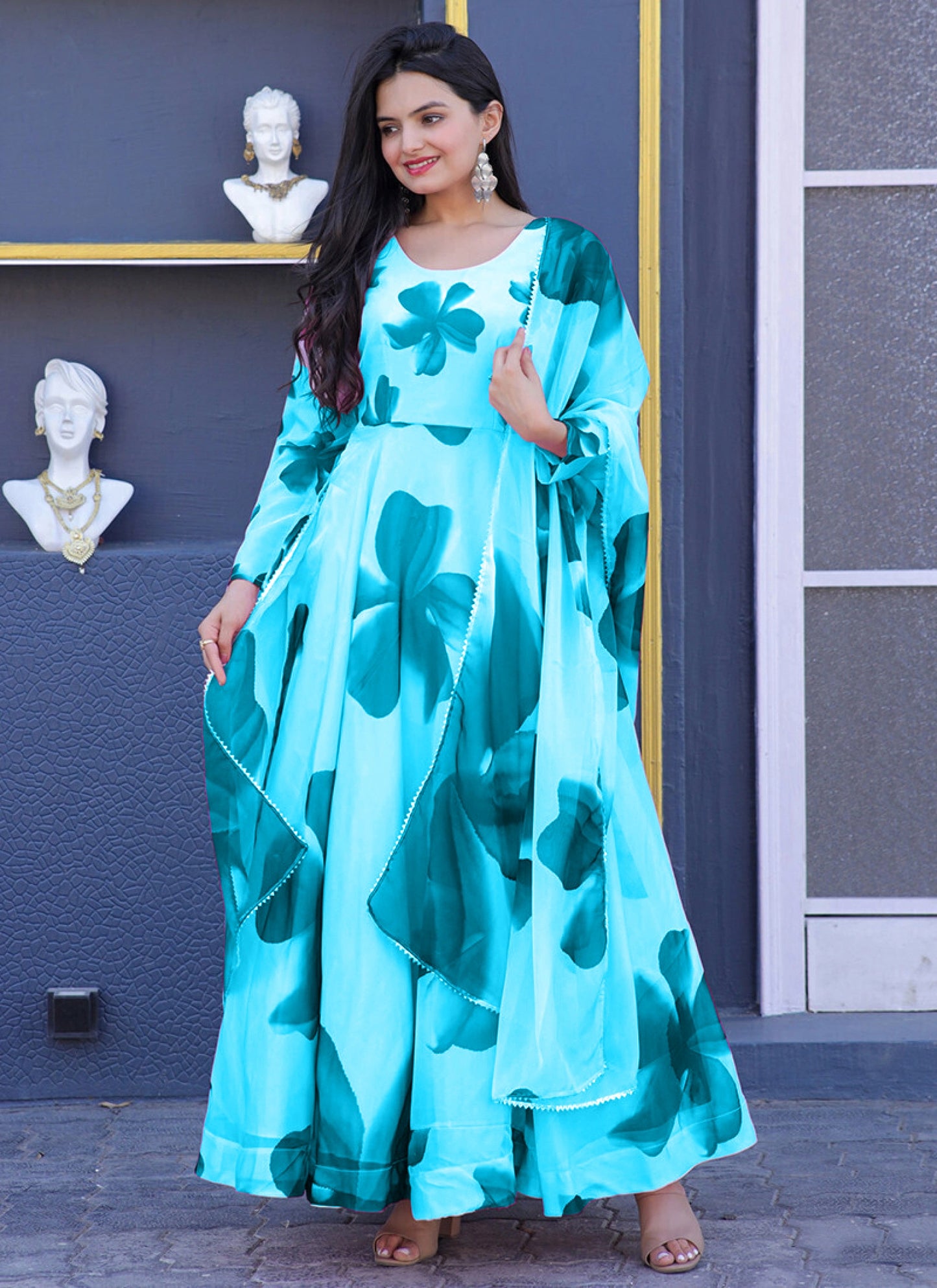 Women's Floral Printed Anarkali Maxi Dress with Dupatta