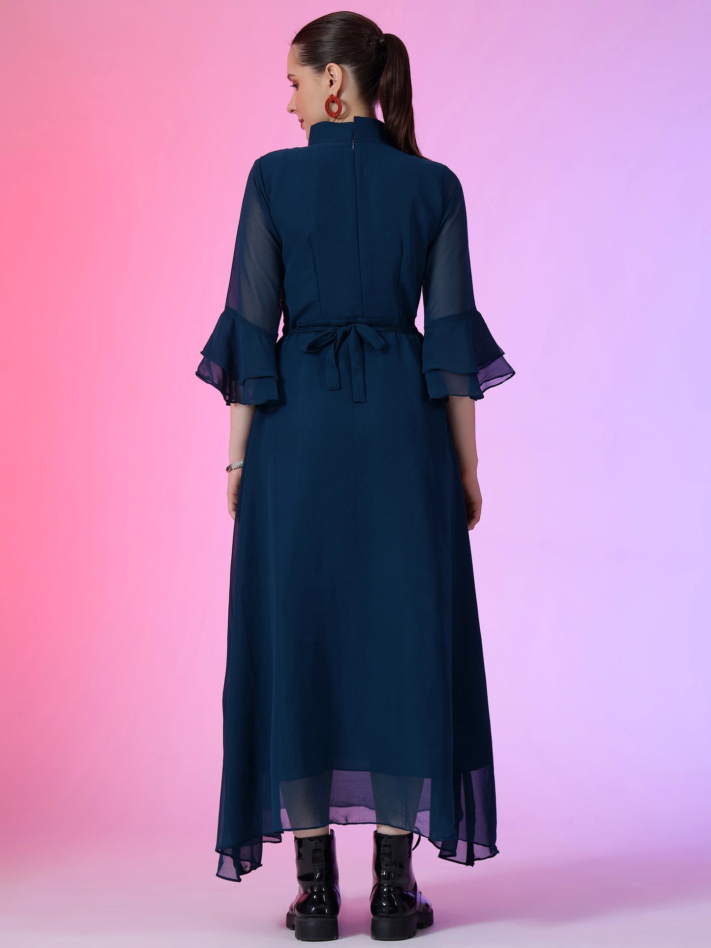 Women's Solid Mandarin Collar Flared Maxi Dress with Sheer Bell Sleeves