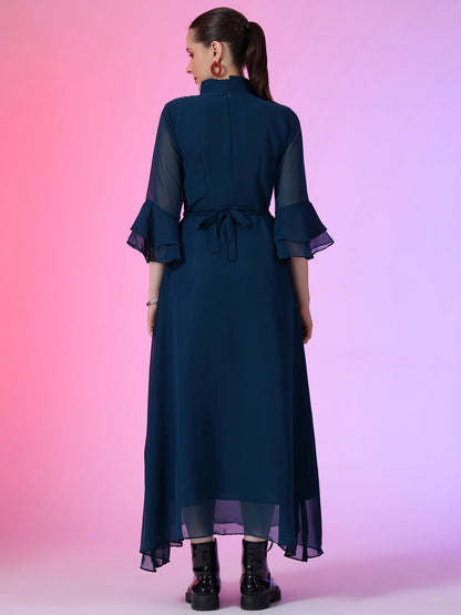 Women's Solid Mandarin Collar Flared Maxi Dress with Sheer Bell Sleeves