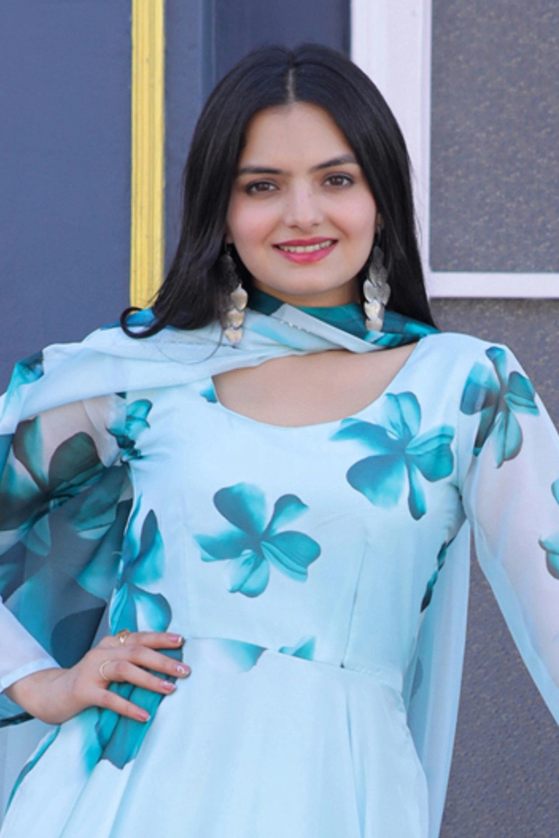 Women's Floral Printed Anarkali Maxi Dress with Dupatta